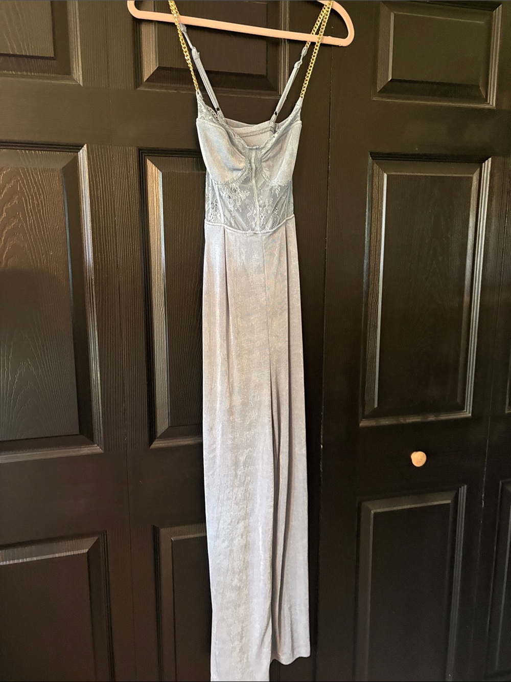 Cider Silver Gray Velvet Slip Jumpsuit with Chain Straps